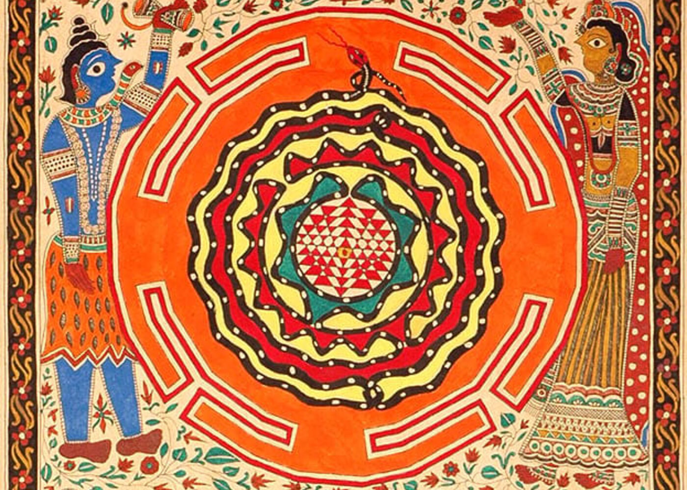 A traditional Madhubani painting with mythological figures and a mandala motif