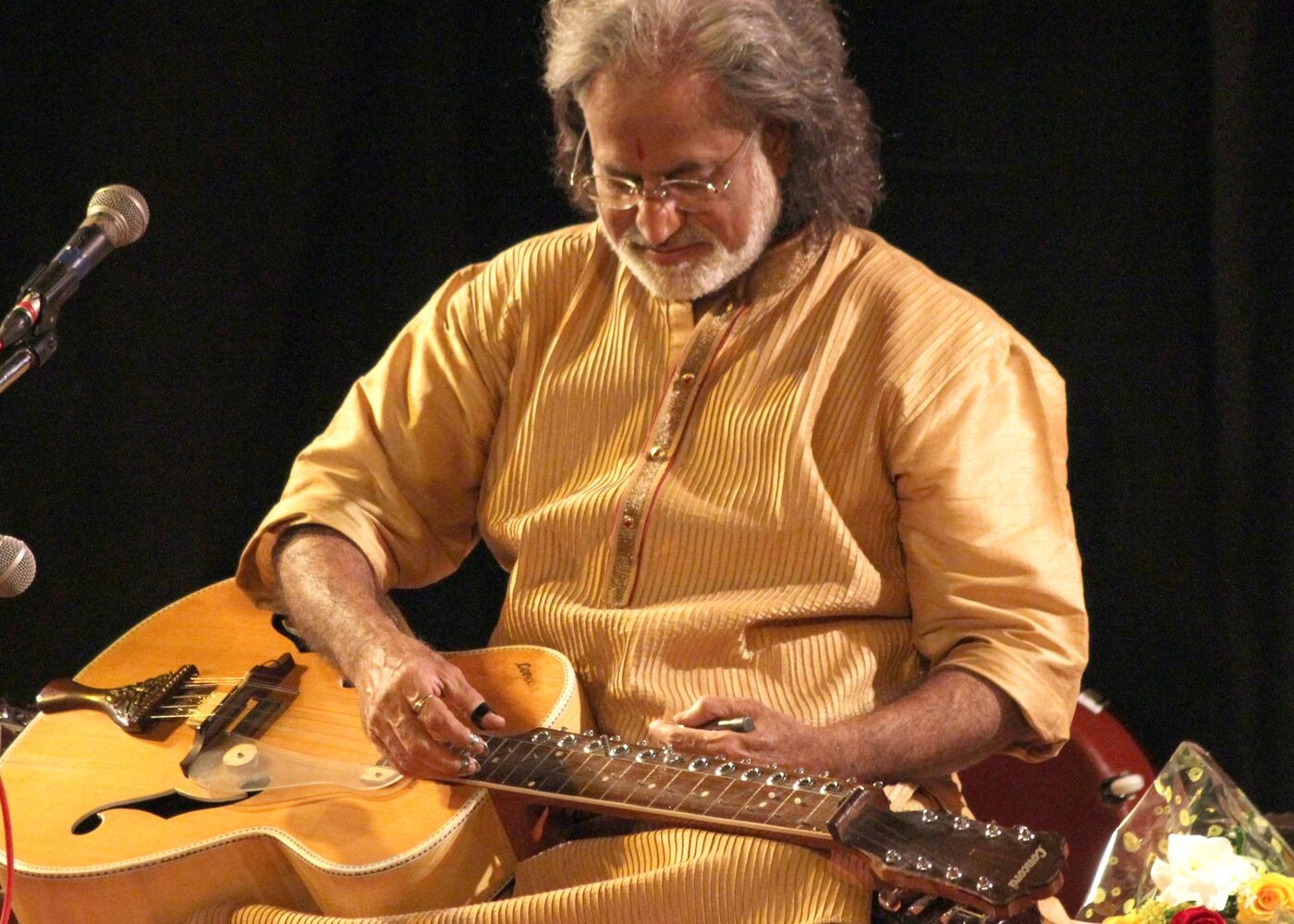 A classical Indian string instrumentalist performing on stage