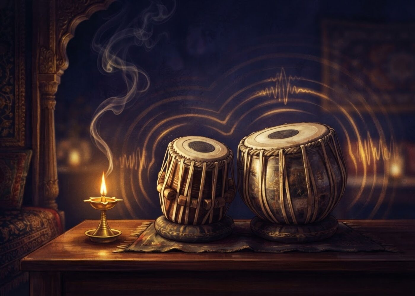 A pair of tabla drums glowing in warm candlelight beside a lit oil lamp